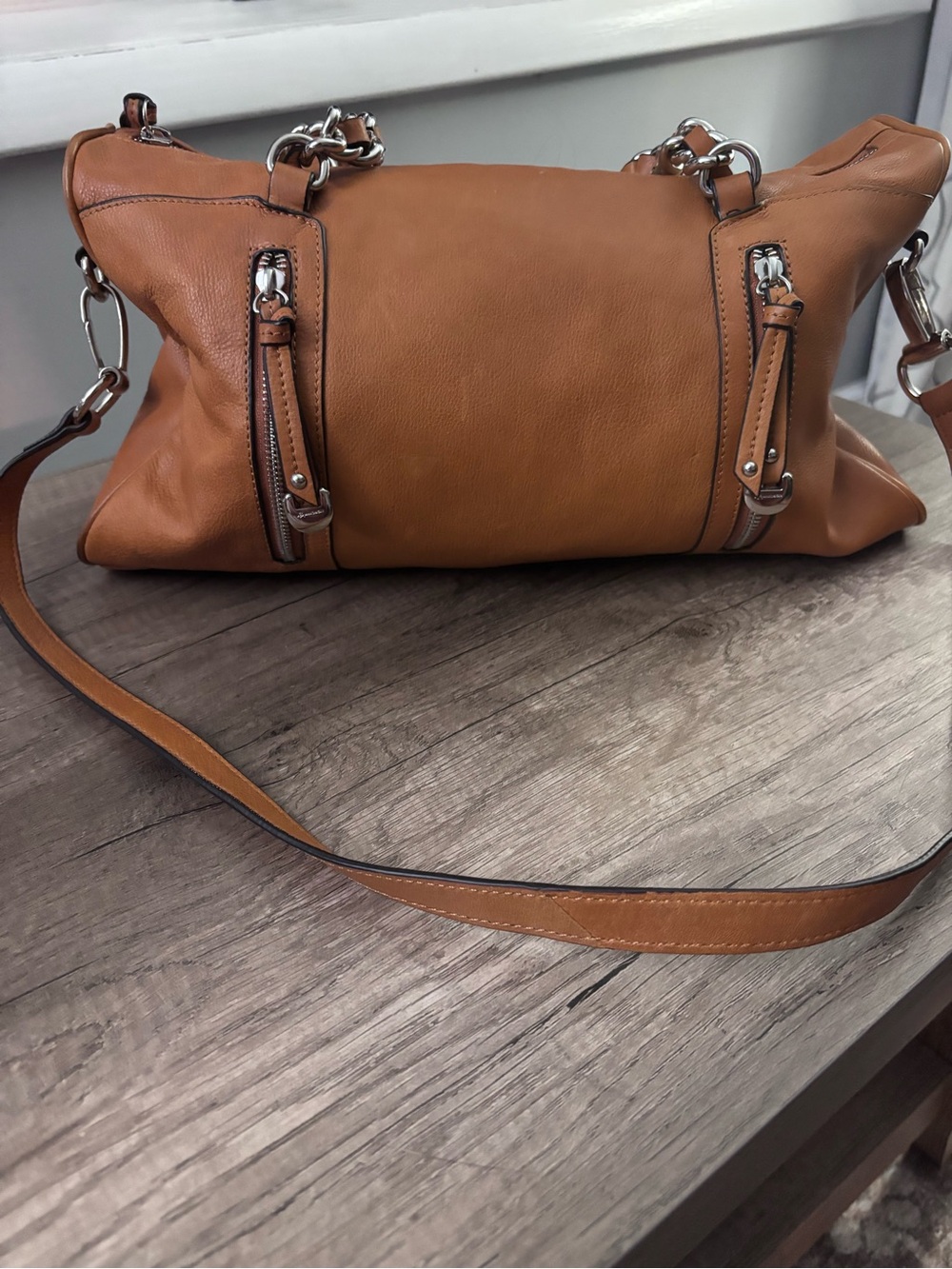 b. makowsky Tan Leather Shoulder Bag with Silver Hardware